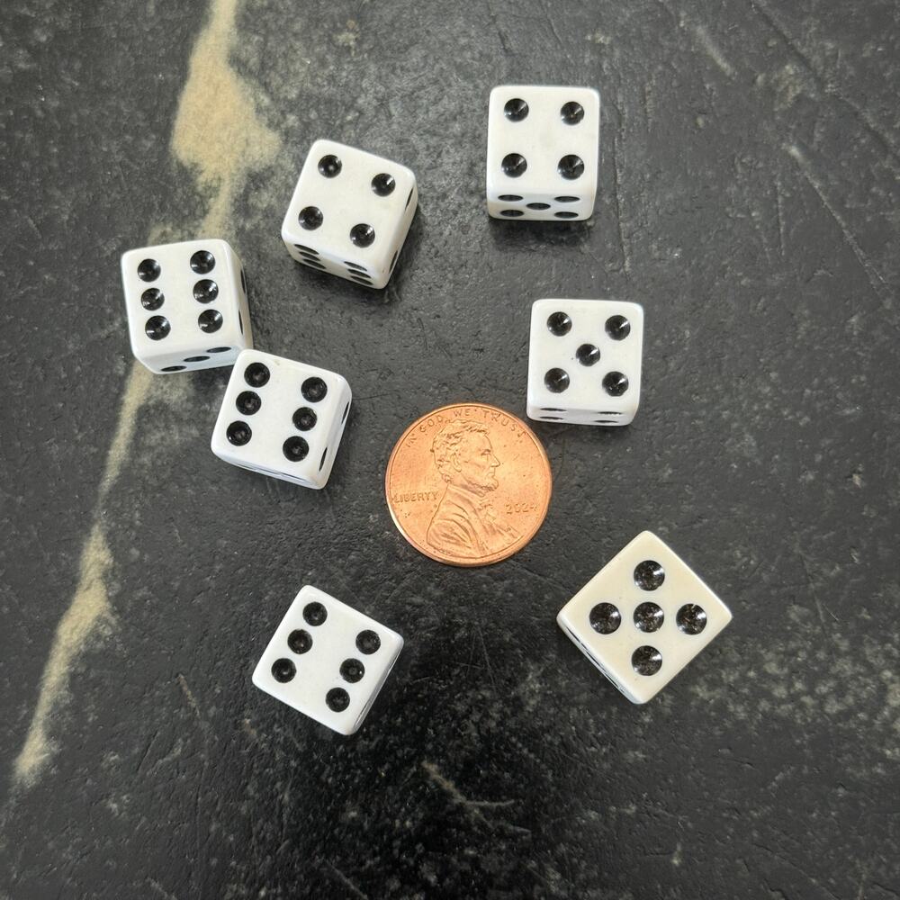 Lot 7 Mini White Dice Tiny 1/2 Inch D6 Black Pips Craft Miniature Board Game